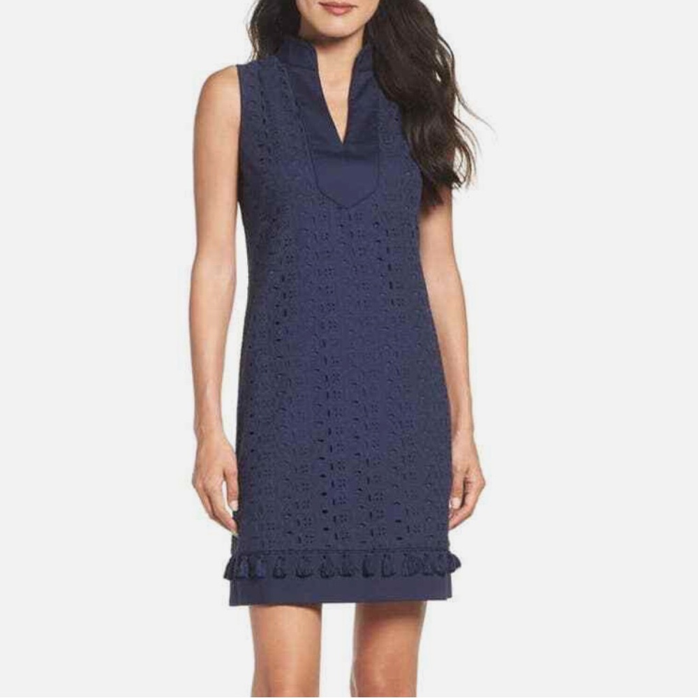 Eliza J Women’s Navy Blue Eyelet Shift Dress Tassel Hem Sleeveless V-Neck 10